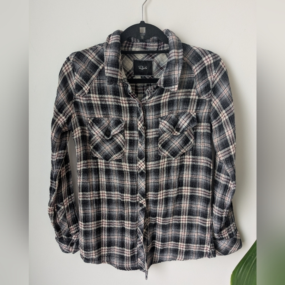 Rails black, white, red plaid button down shirt - size med